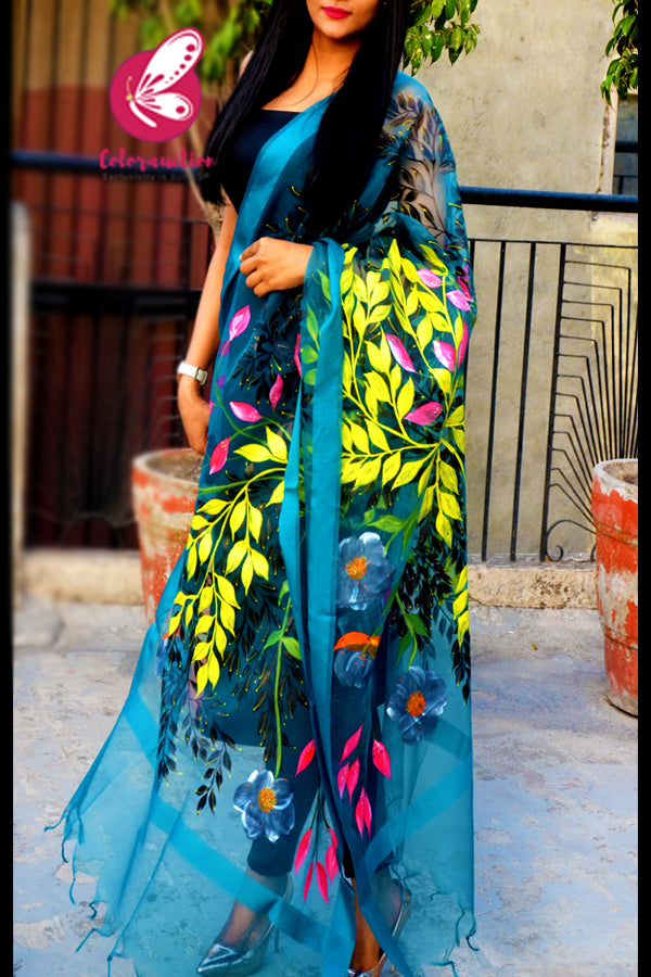 Teal Green Organza Handpainted Multicoloured Floral Stole