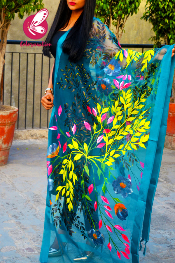 Teal Green Organza Handpainted Multicoloured Floral Stole