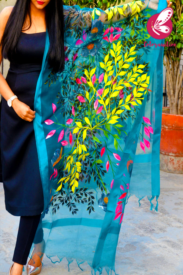 Teal Green Organza Handpainted Multicoloured Floral Stole