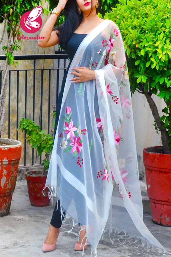 White Pure Organza Handpainted Multicoloured Floral Stole