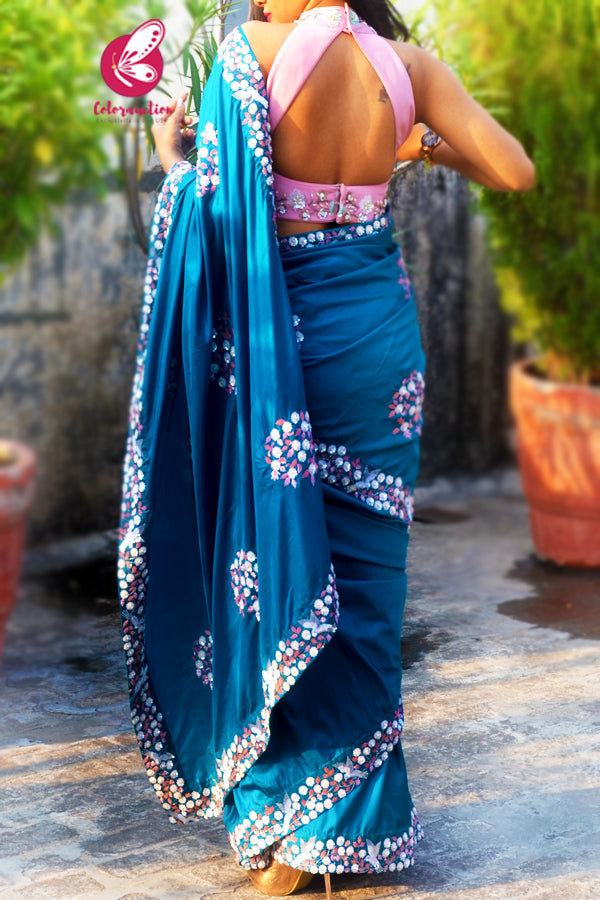 Teal Pure Silk Pearl Sequins Handwork Saree
