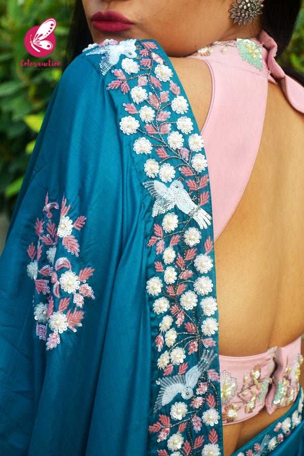 Teal Pure Silk Pearl Sequins Handwork Saree