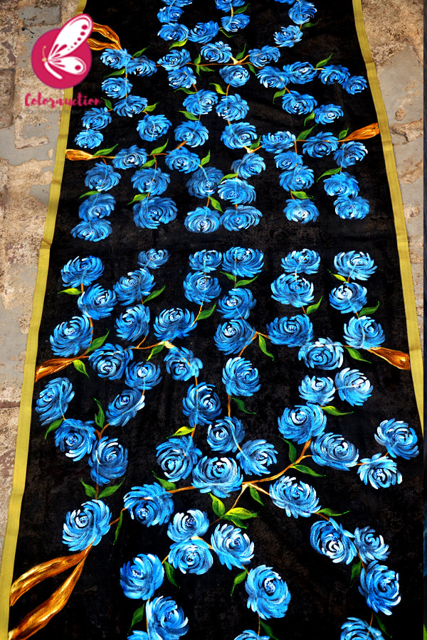 Black Pure Organza Blue Roses Floral Hand painted Stole