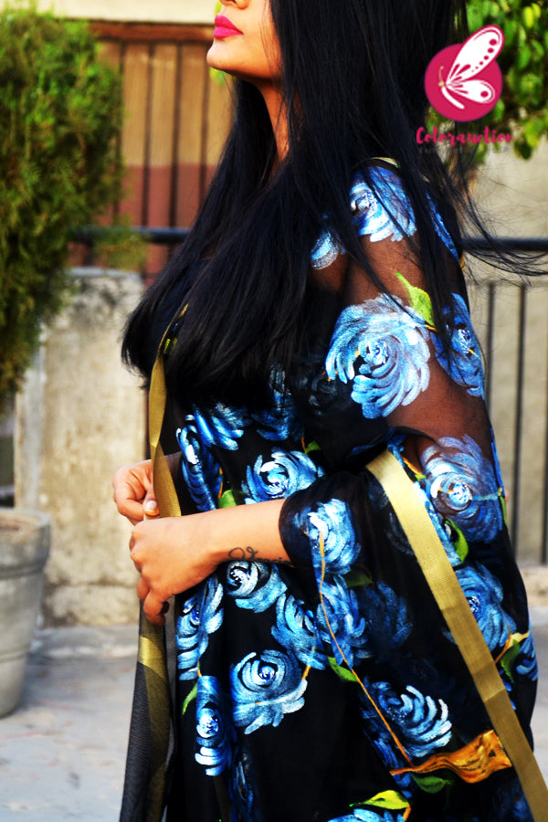 Black Pure Organza Blue Roses Floral Hand painted Stole