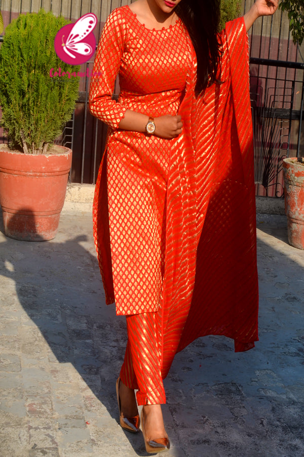 Red Brocade Silk Padded Kurti with Red Brocade Lehriya Silk Pants and Red Lehriya Dupatta