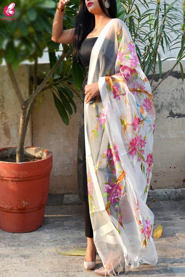 White Organza Handpainted Colorful Floral Bird Stole
