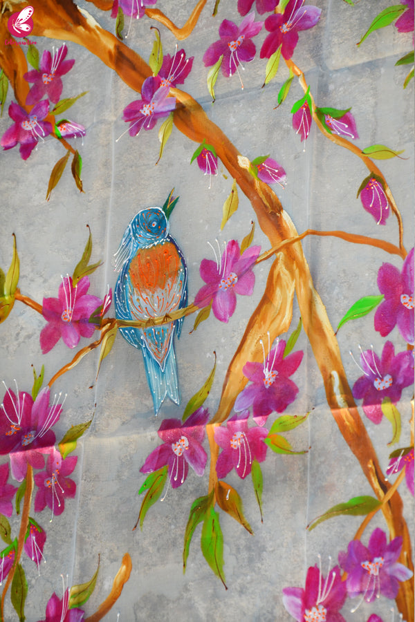 White Organza Handpainted Colorful Floral Bird Stole