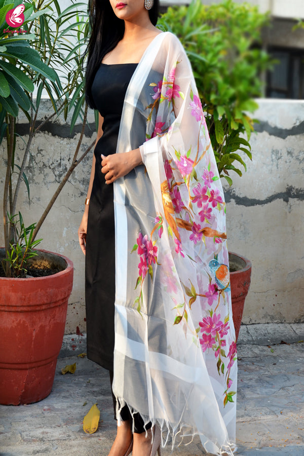 White Organza Handpainted Colorful Floral Bird Stole